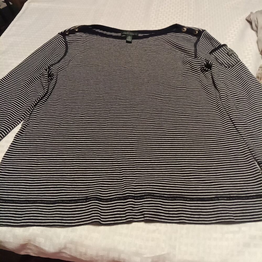 LRL Ralph Lauren Women's striped 3/4 Sleeve Top Lg.Button Detail White Navy